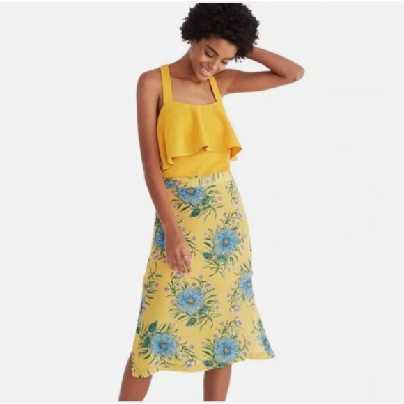 Madewell Dresses & Skirts - Madewell Yellow Floral 100% Silk Skirt Painted Blooms Side Button Spring Easter